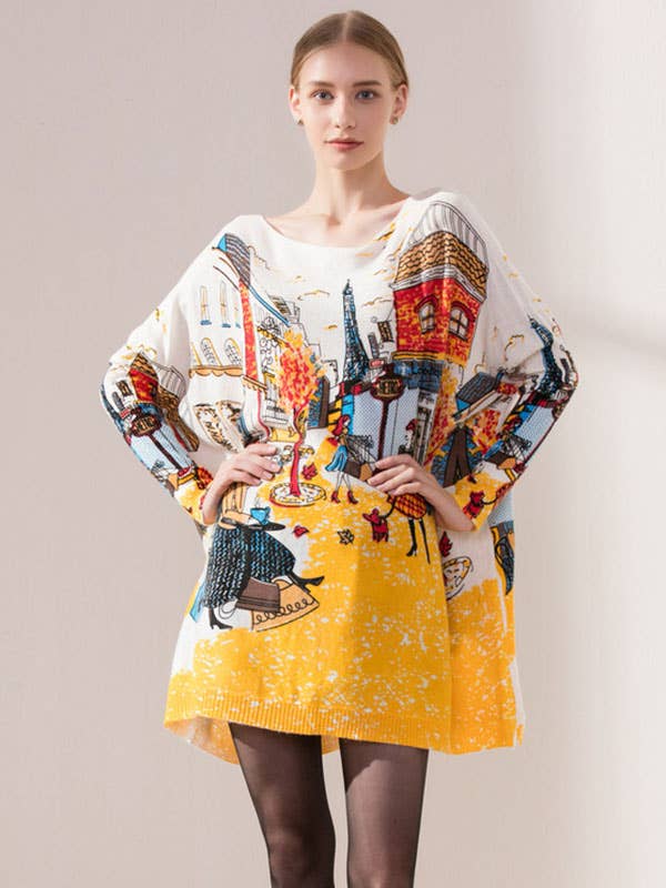 VividLux - Venta al por mayor Vestido - Mujer - Vestido de suéter de manga larga con cuello redondo y estampado de dibujos animados