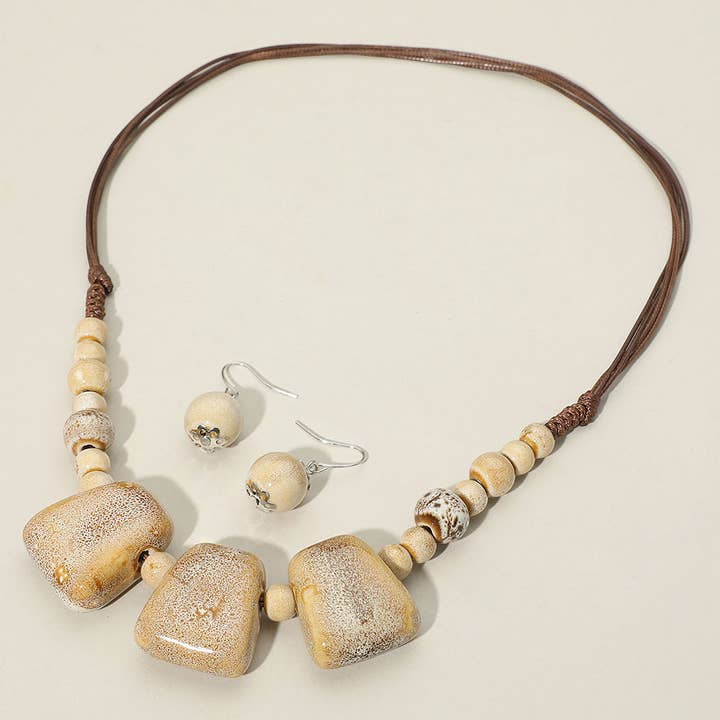 Sensibling Corp. - Wholesale Beaded/Pearl Necklace - Boho Resin Pebble Beaded Adjustable Cord Necklace1