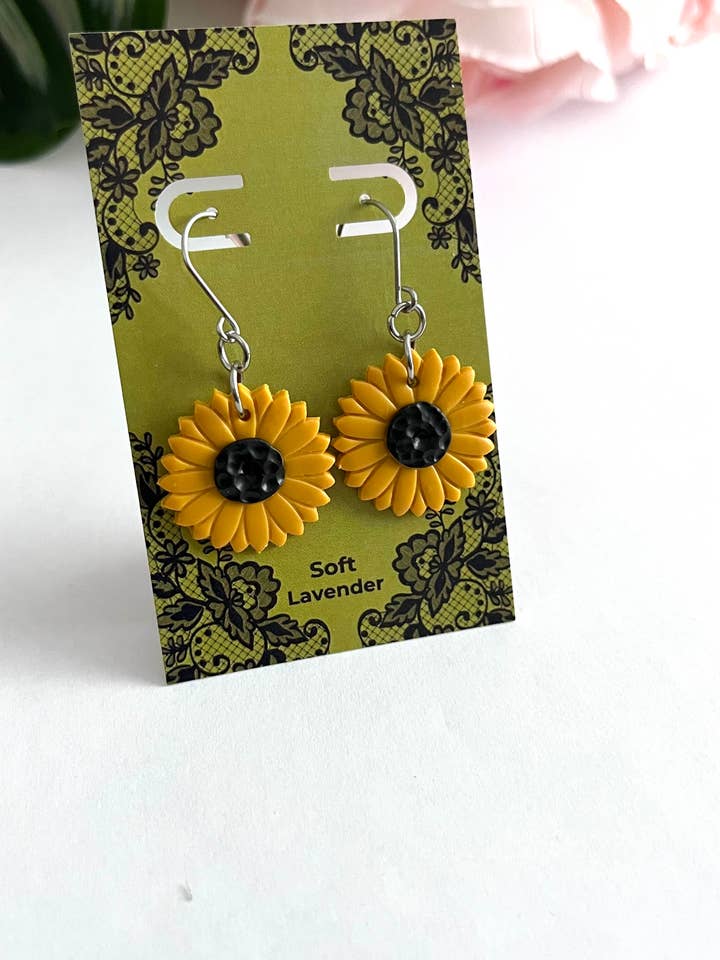 Sunflower Earrings. Handmade Polymer Clay Dangle Earrings for wholesale by Soft Lavender