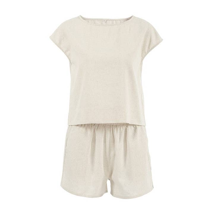 KHAKI Short Sleeve Cotton Linen Pajama Set with Solid Color for wholesale on Faire4
