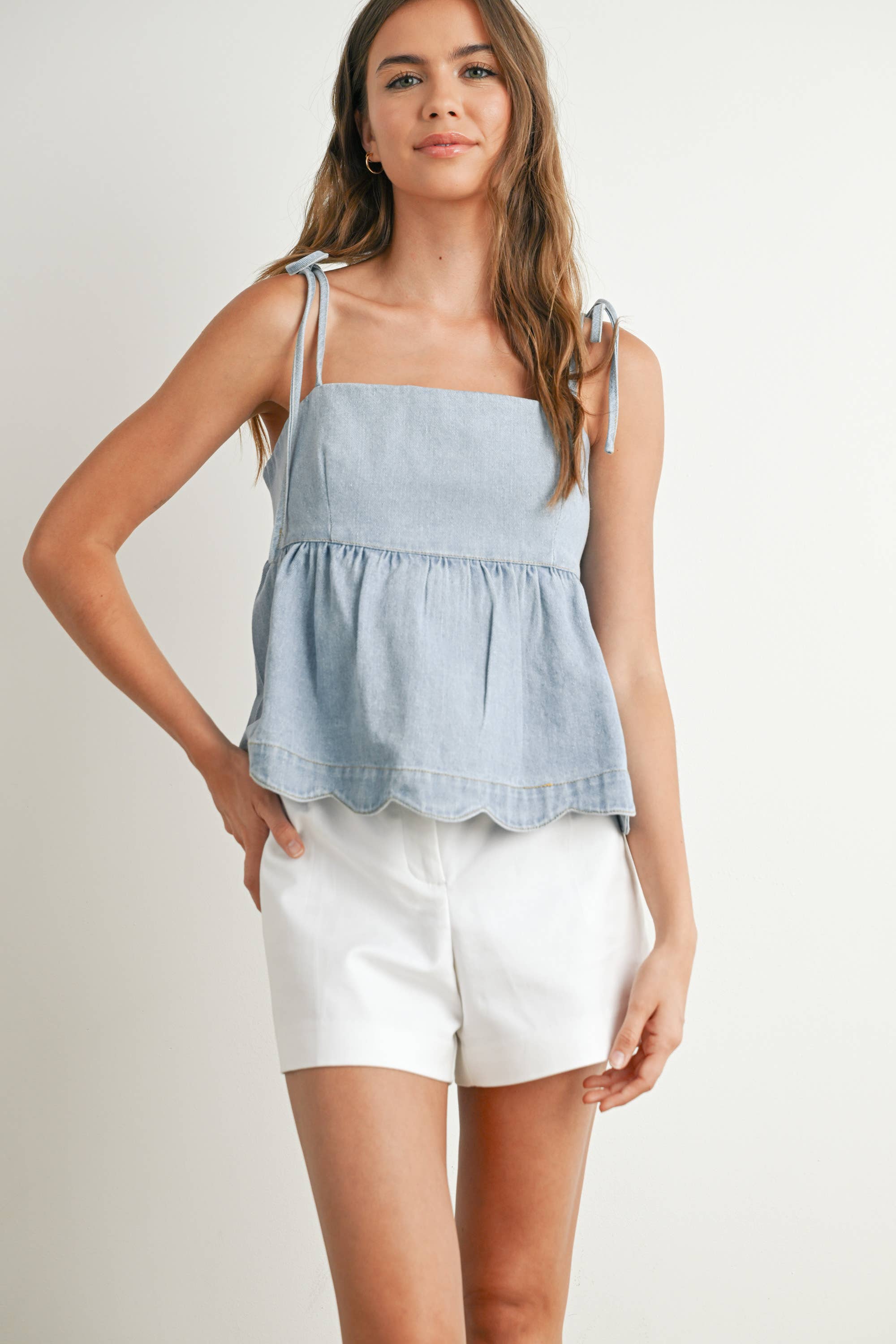 BUTTERMELON - Wholesale Blouse - Women's - Denim Tie-Strap Peplum Top - BMT7722 3