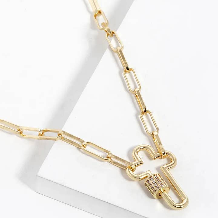 Wild Honey - Wholesale Pendant/Charm Necklace - 18K Gold Dipped Cz Pave Cross Pendant Chain Necklace