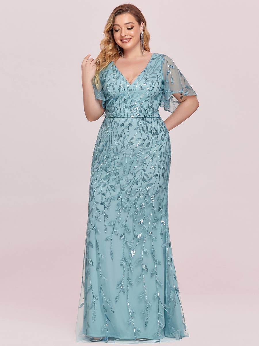 Ever-Pretty - Wholesale Gown - Women's - Plus Size V Neck Mermaid Sequin & Tulle Evening Dress11