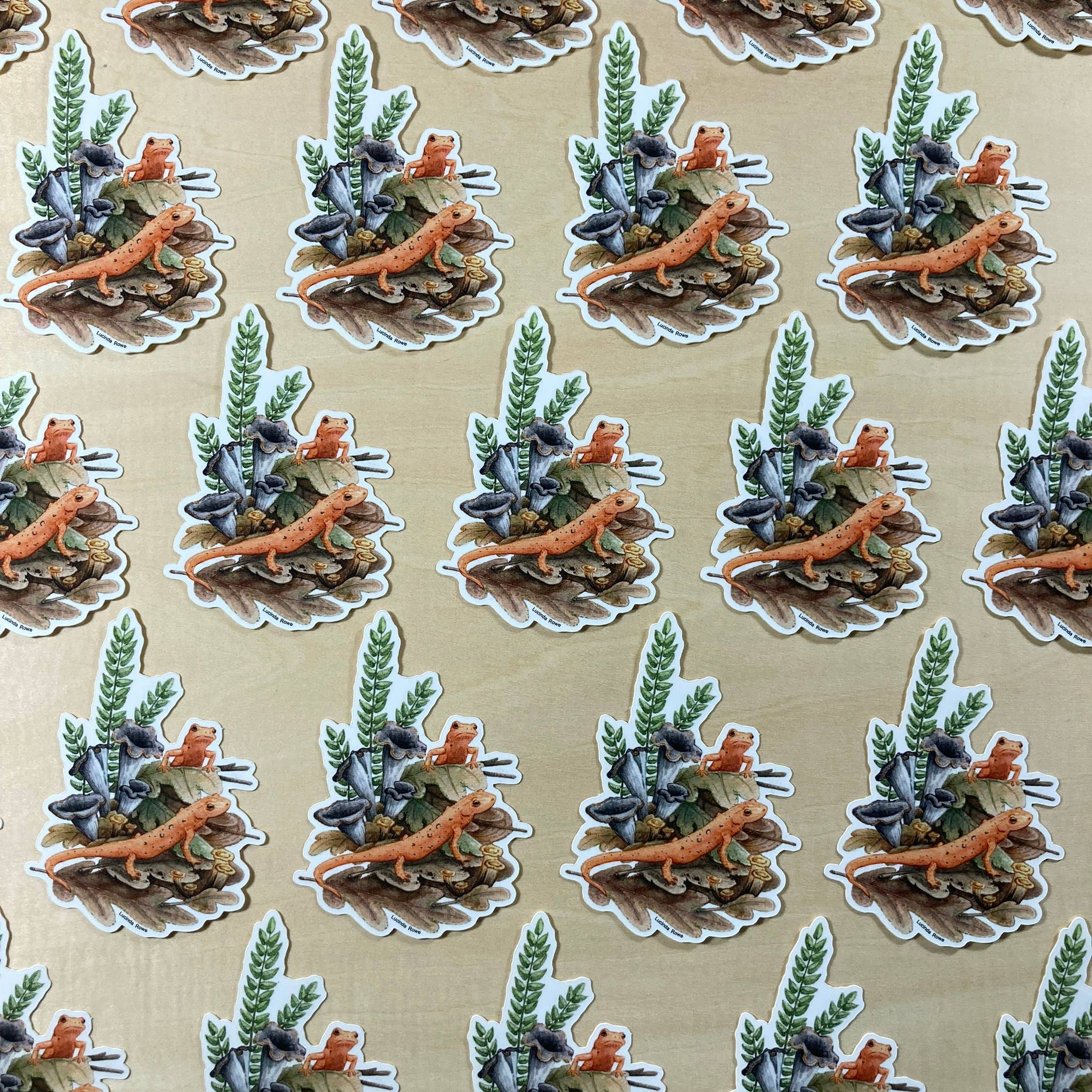 Lucinda Rowe Art - Wholesale Sticker - Sticker - Red Efts With Trumpet Chanterelles1