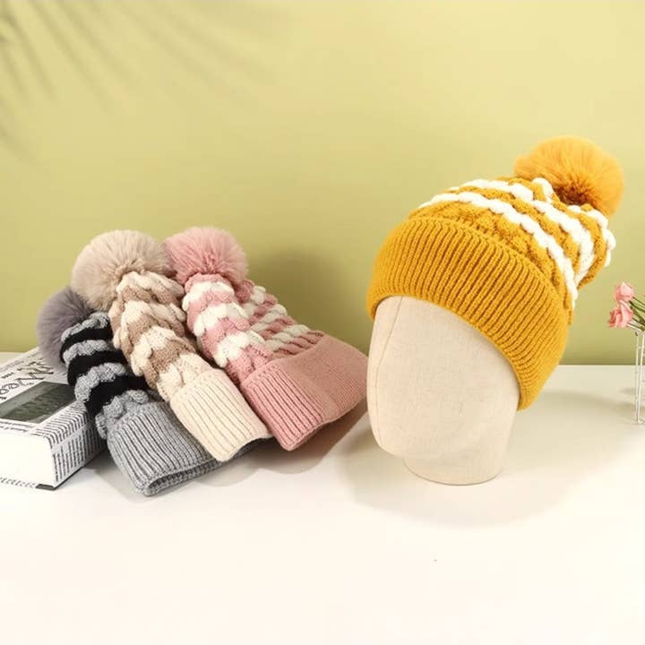 Funkyrel® Atzbranding Limited - Wholesale Beanie – Women's - Haila - Women's Striped Fleece Lined Beanie with Pom9