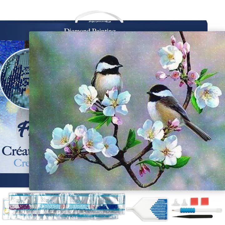 Pintura de Diamante - Pássaros Pequenos e Flores Brancas emoldurados por atacado de Figured'Art