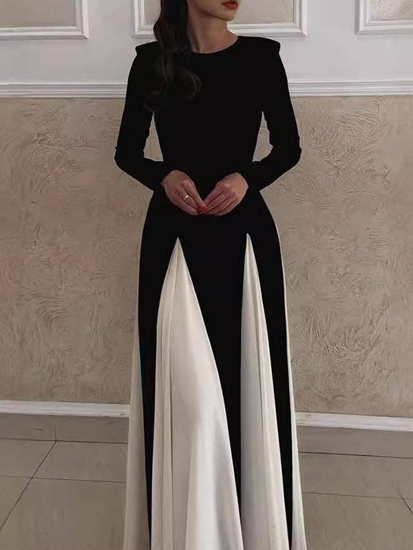 BLACK WHITE A-Line Long Sleeves Contrast Color Elasticity Pleated Split-Joint Round-Neck Evening Dresses Maxi Dresses for wholesale on Faire1