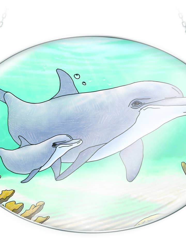 Dolphin and Coral - 5.5" x 7" Medium Oval Glass Suncatcher for wholesale by Bridgeton Hall