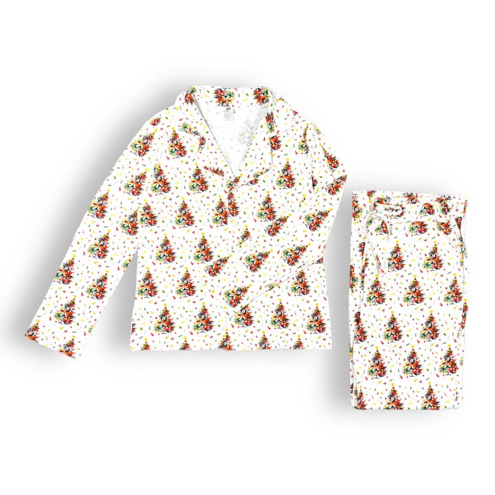 Womens Relaxed Button-Front Pajama Set - Christmas Trees for wholesale by Pink Elephant Brands