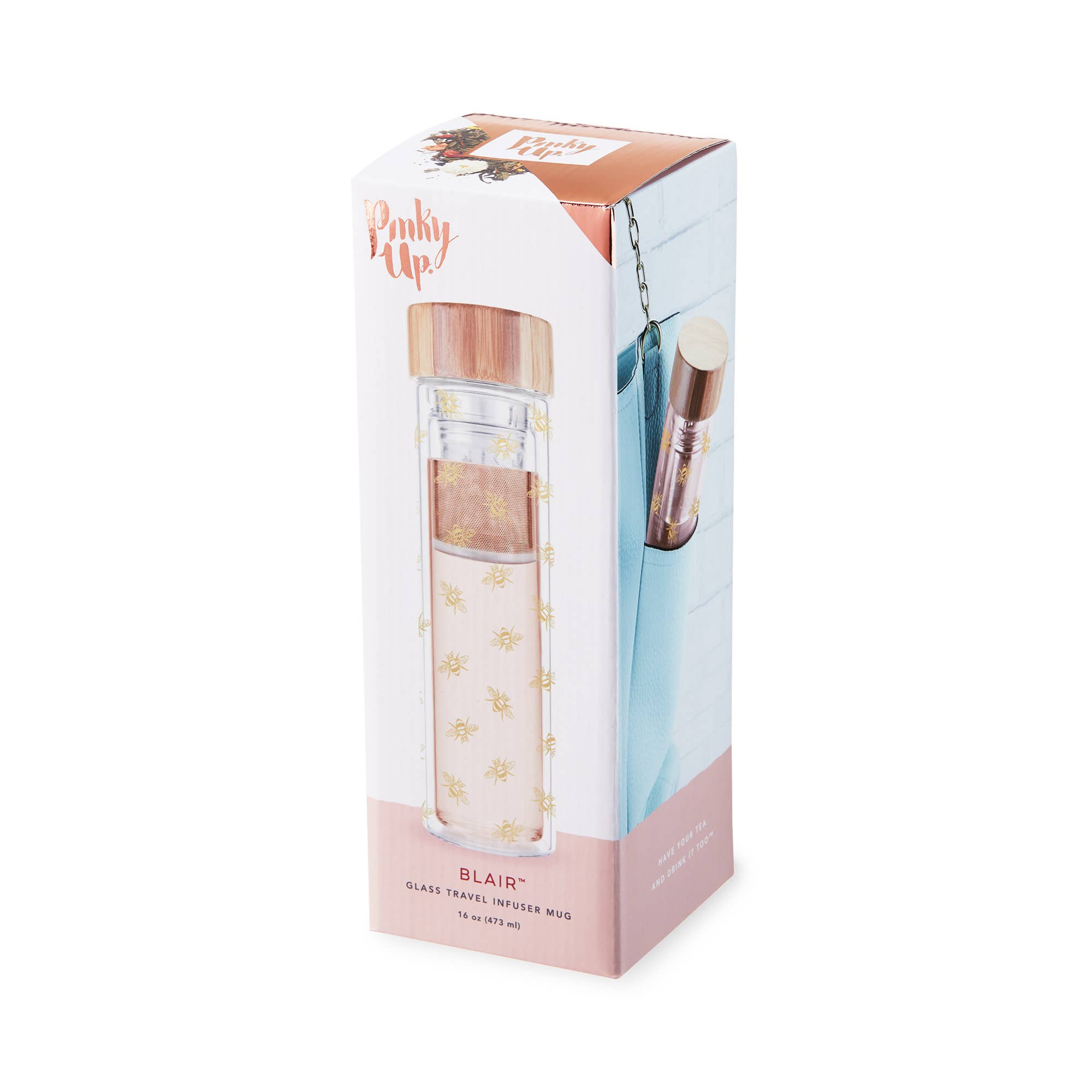 Pinky Up - Wholesale Insulated Mug/Tumbler - Blair™ Insulated Glass Travel Mug with Tea Infuser Bee1