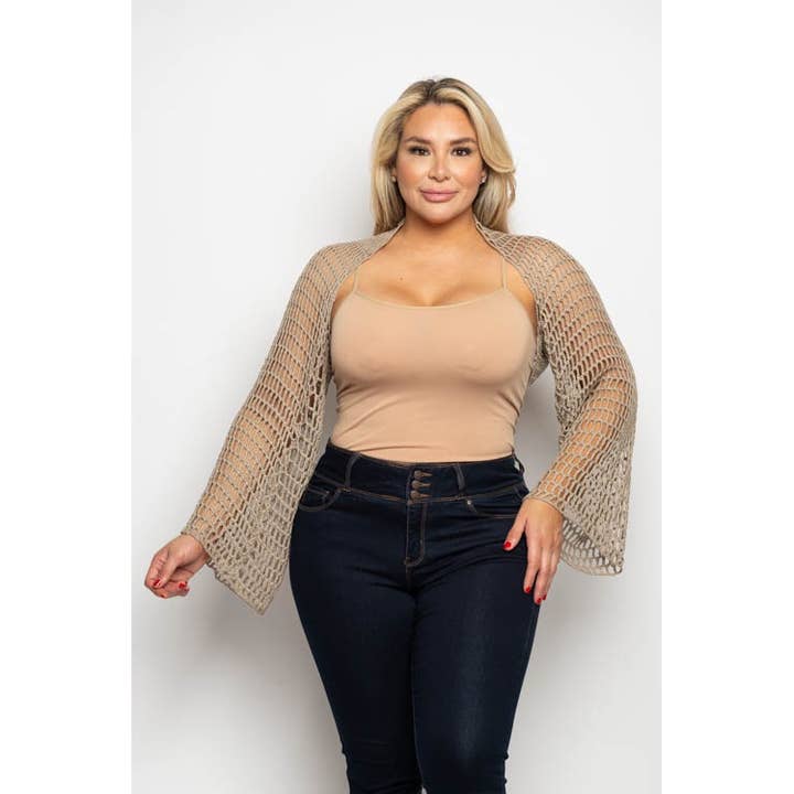 Curve Market - Vente Cardigan – femme - BOLÉRO COURT EN RÉSILLE À MANCHES LONGUES ET DEVANT OUVERT DE TAILLE NORMALE C