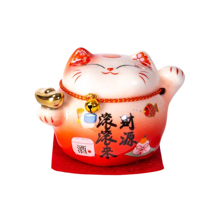 3.5"H Lucky Cat Ceramic Figurine Red (12/120) for wholesale by Urban Tokyo