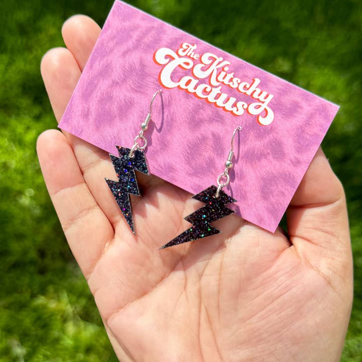 Nightclubbin (mini)- Black Glitter Bolt Earrings for wholesale by The Kitschy Cactus