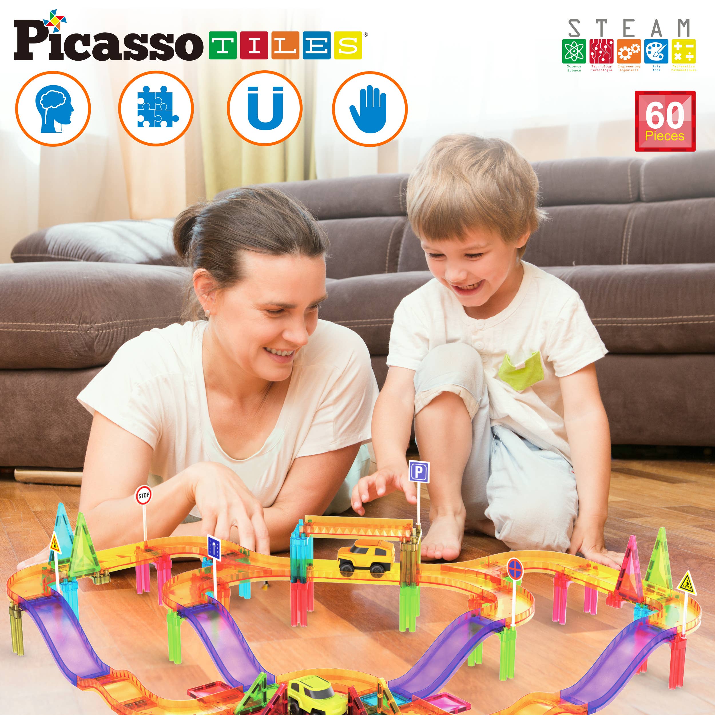 PicassoTiles - Wholesale Building Set - Kids - PicassoTiles 60pc Travel Size Magnetic Tile Race Track Set3