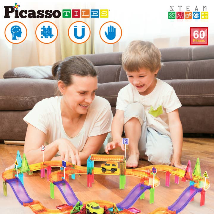 PicassoTiles - Wholesale Building Set - Kids - PicassoTiles 60pc Travel Size Magnetic Tile Race Track Set3