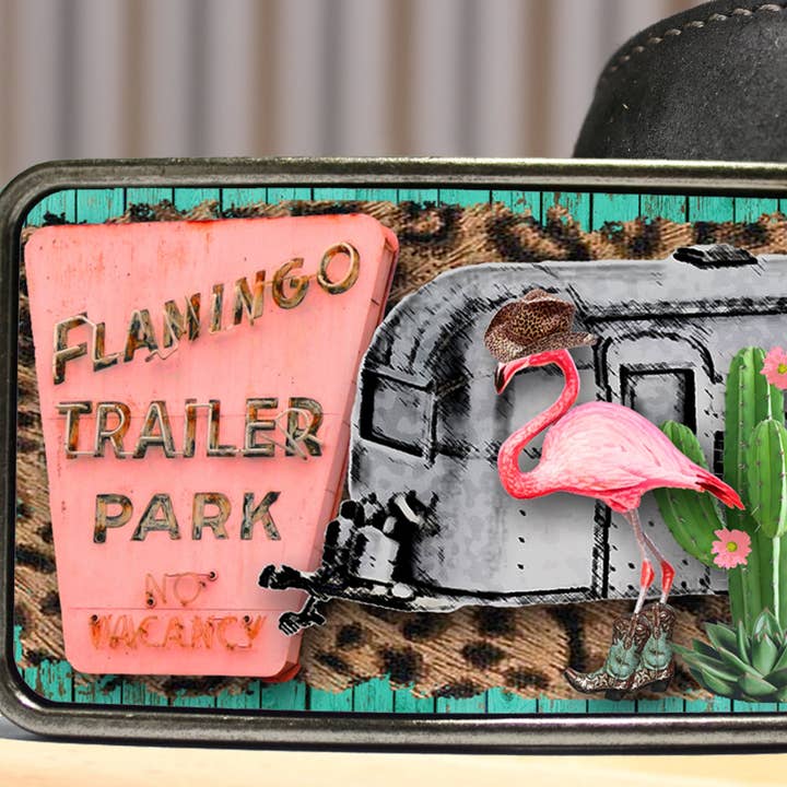 Flamingo Trailer Park Belt Buckle for wholesale by Bungalow Blue Trading Co