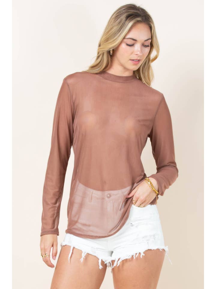 Mocha AV1230-GEMMA SOLID SEMI SHEER LONG SLEEVE MESH TOP for wholesale on Faire5