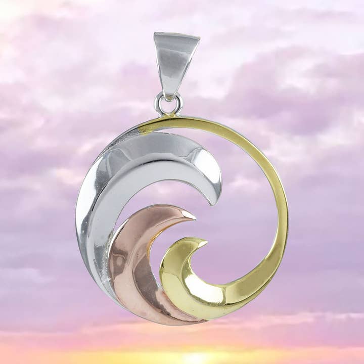 Hawaiian Large Tri-color Ocean Wave Pendant, Sterling Silver Surfing Wave Pendant, N8547 Birthday Valentine Mom Gift, Statement PC for wholesale by Paradise Treasures Jewelry