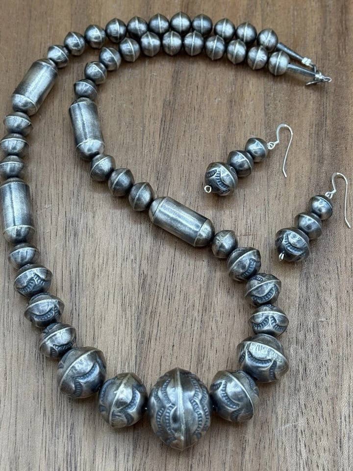 Authentic Navajo Handmade Old Look Navajo Pearl Bead Necklace And Earrings 24” for wholesale by Native City Jewelry
