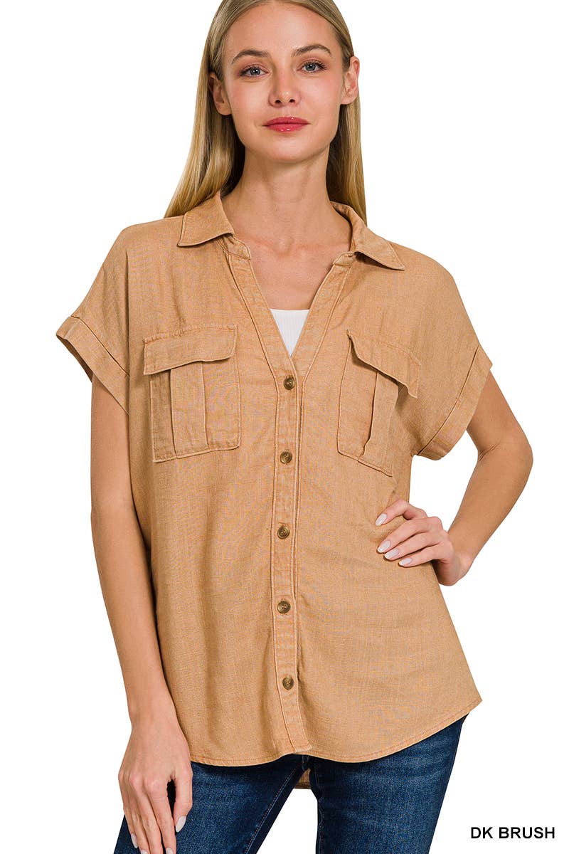 TIEFES KAMEL-167007 Geknöpfte Hemden mit Fledermausärmeln und gewaschenem Look für den Großhandel auf Faire2