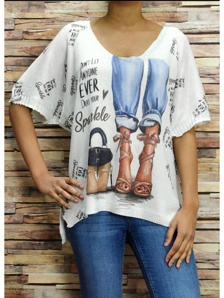 LOOWIE - Wholesale Knit Sweater - Women's - 6220 White Fashion Knit Printed Short Sleeves Sweater