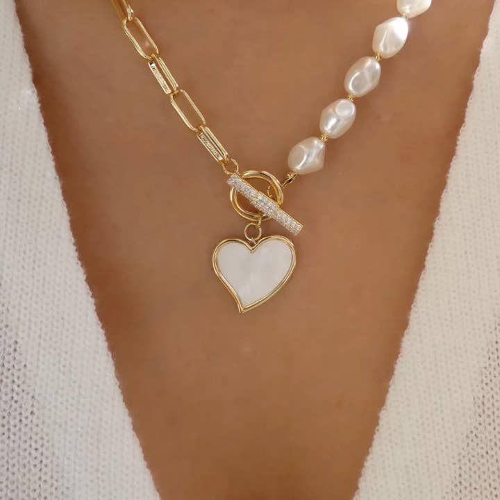 Lopsided 14k Gold Heart Shaped Pearl Pendant Necklace w/ Sapphire Chrystal Encrusted Toggle Clasp for wholesale by Facetreasures Boutique