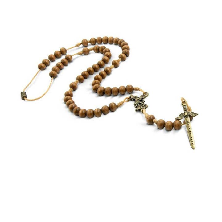St Michael Rosary Necklace with Wood Beads and Clasp for wholesale by Catholica Shop