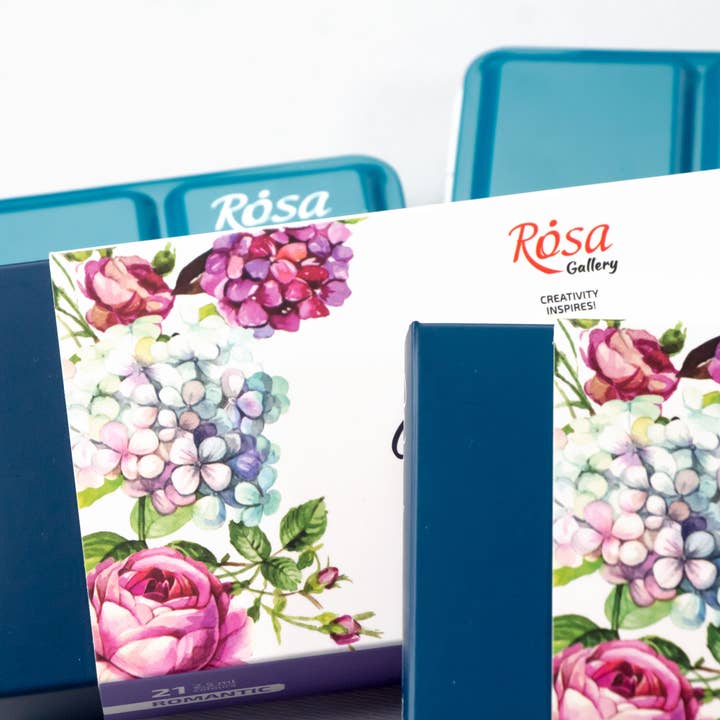 Fainotoys - Wholesale Watercolor Paint - ROSA Gallery Romantic Watercolor Set - 21 Colors, Full Pans in Turquoise Metal Case