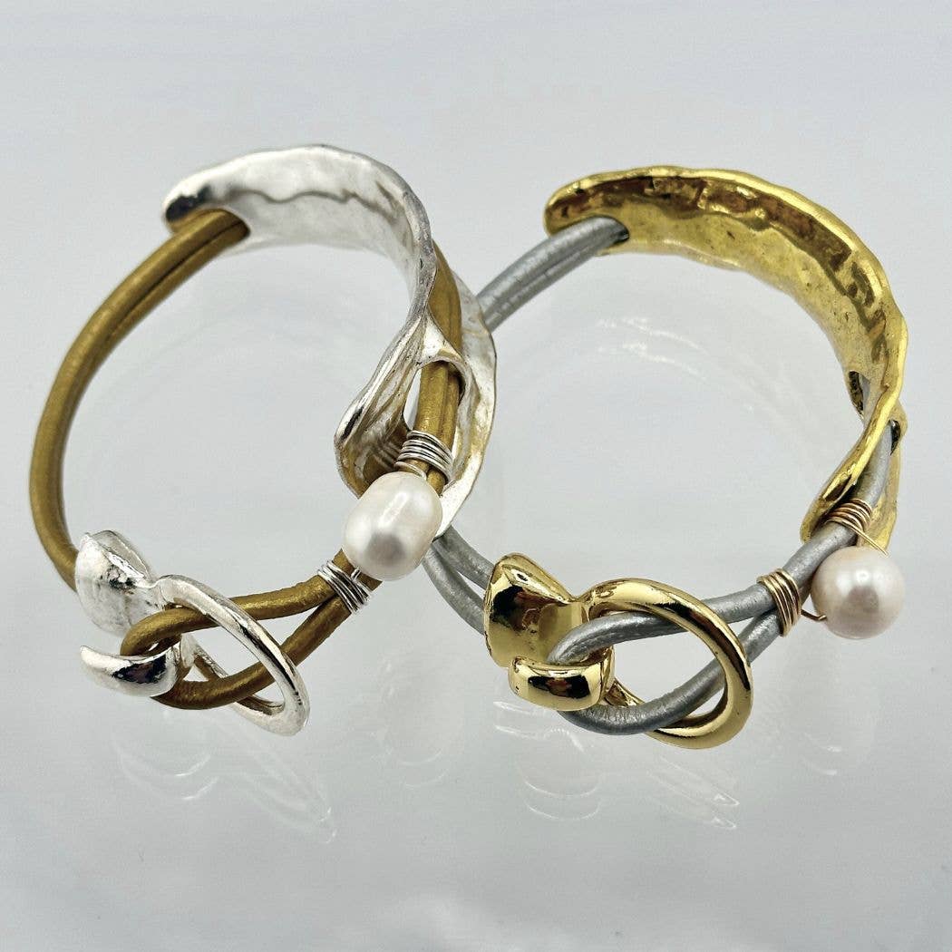 Beauty In Stone Jewelry - Wholesale Bangle Bracelet - Curved Cuff Bracelet With Leather & Pearl 10