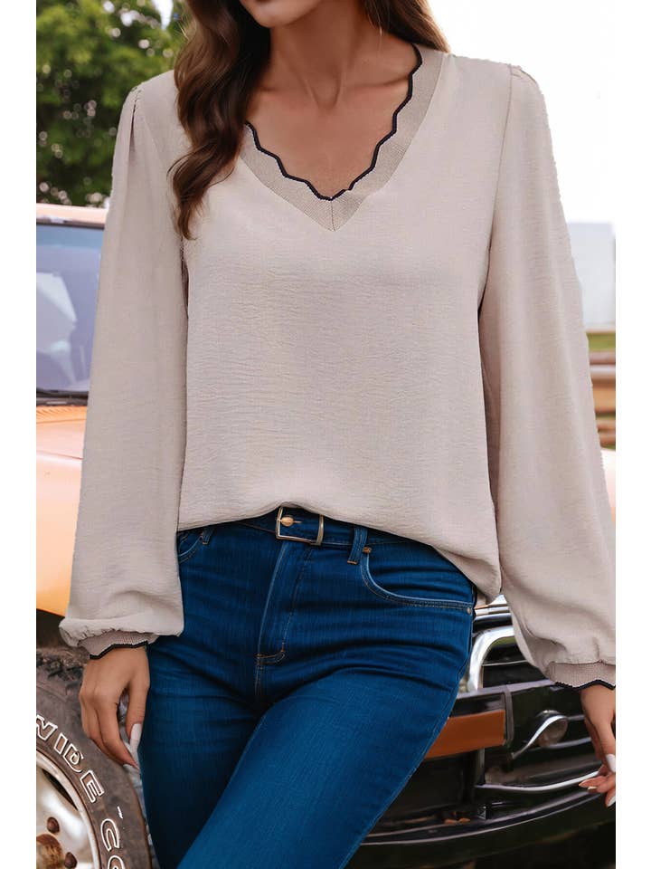 As shown Fashion-W Contrast Scallop Trim V Neck Long Sleeve Blouse for wholesale on Faire0