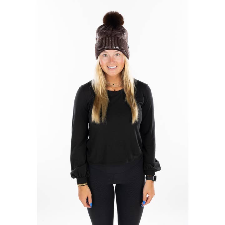 Funky Junque - Wholesale Beanie - Women's - Sequin Pom Beanie - Smooth Sequin - Brown1