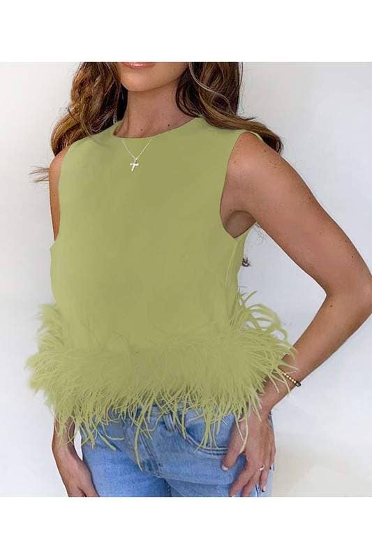 Queen Fashion - Wholesale Blouse - Women's - feather trim sleeveless top feather14