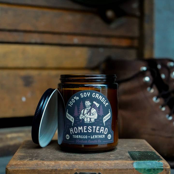 Ambush Candle Co. – wholesale Jar/filled candle – Homestead | Tobacco + Leather 8oz Soy Candle4