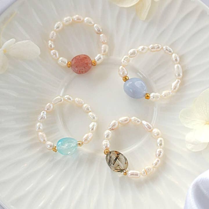 Divine Dulcet - Wholesale Single Stone/Solitaire Ring - Elastic Rings with Natural Crystals & Freshwater Pearls