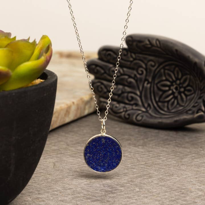 Lapis Lazuli Round 925 Sterling Silver Circle Pendant Necklace for wholesale by Soul & Little Rose