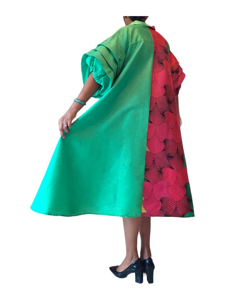 India Batik - Wholesale Dress - Women's - Swing Dress/ Faux Silk/ Ruffle Sleeve - Two Tone