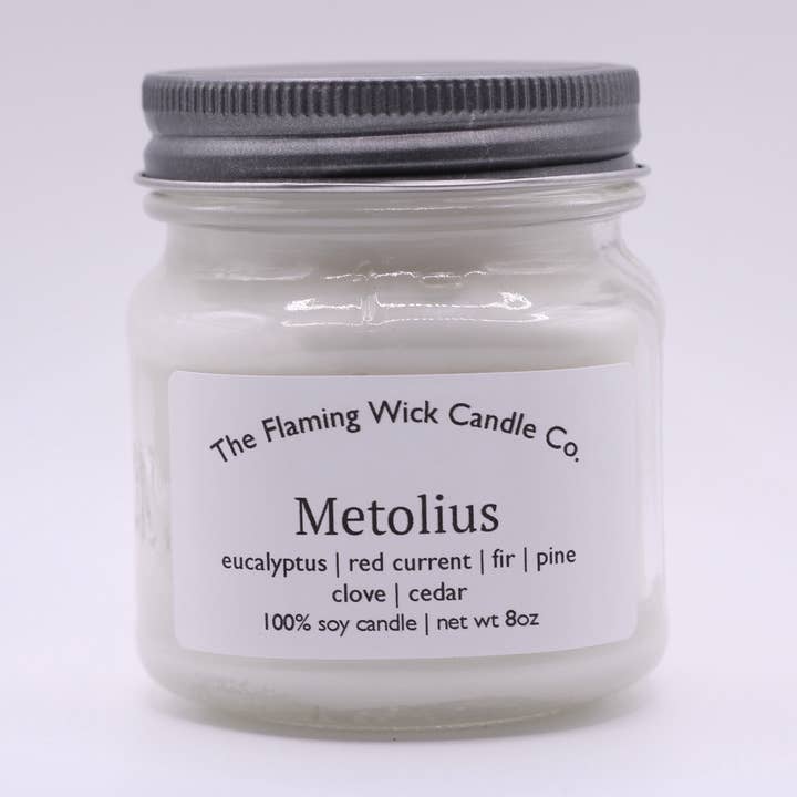 Metolius soy candle glass mason jar with pewter lid for wholesale by The Flaming Wick Candle Co.