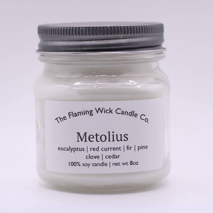 Metolius soy candle glass mason jar with pewter lid for wholesale by The Flaming Wick Candle Co.