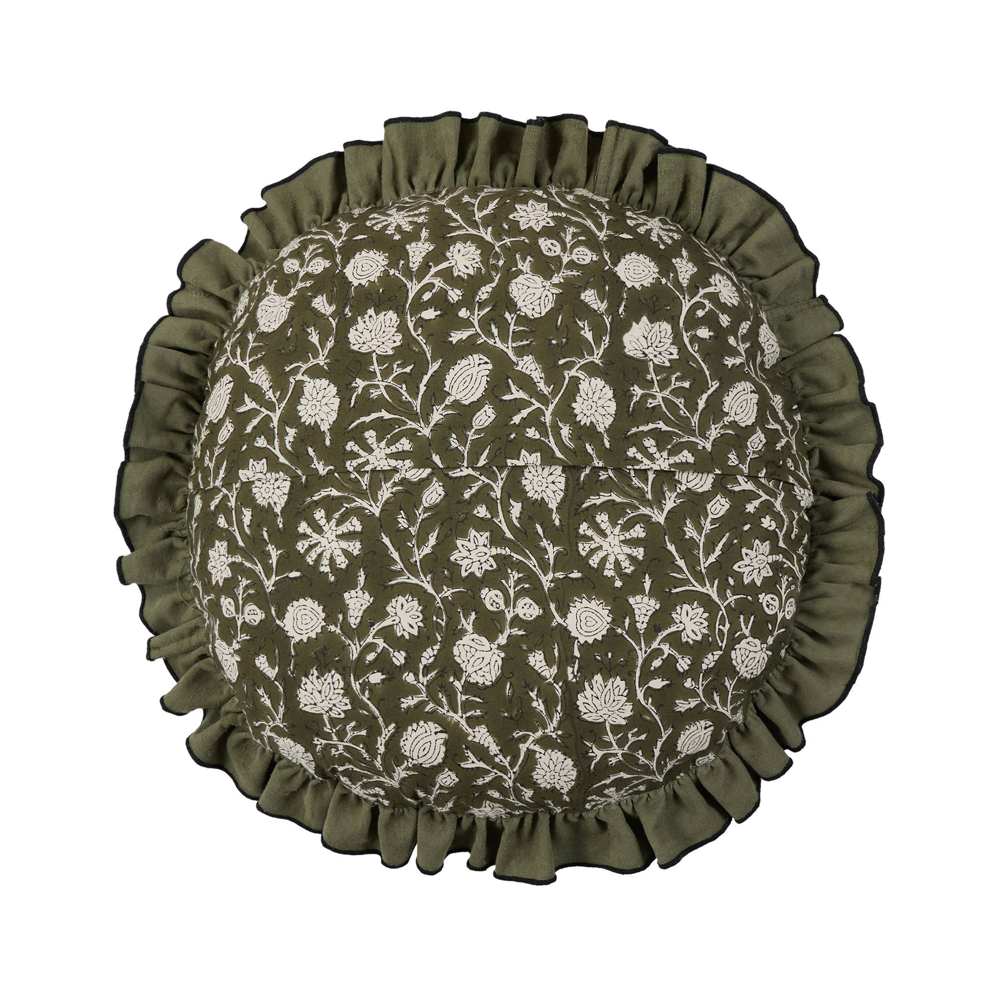 Peking Handicraft - Wholesale Throw/Decorative Pillow - Block Print Round Ruffle Vine Pillow