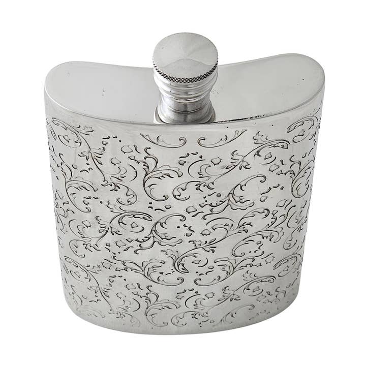 Baroque Kidney Shaped Pewter Flask 6oz , Boxed. SKU #: C1076. for wholesale by Corbell Silver