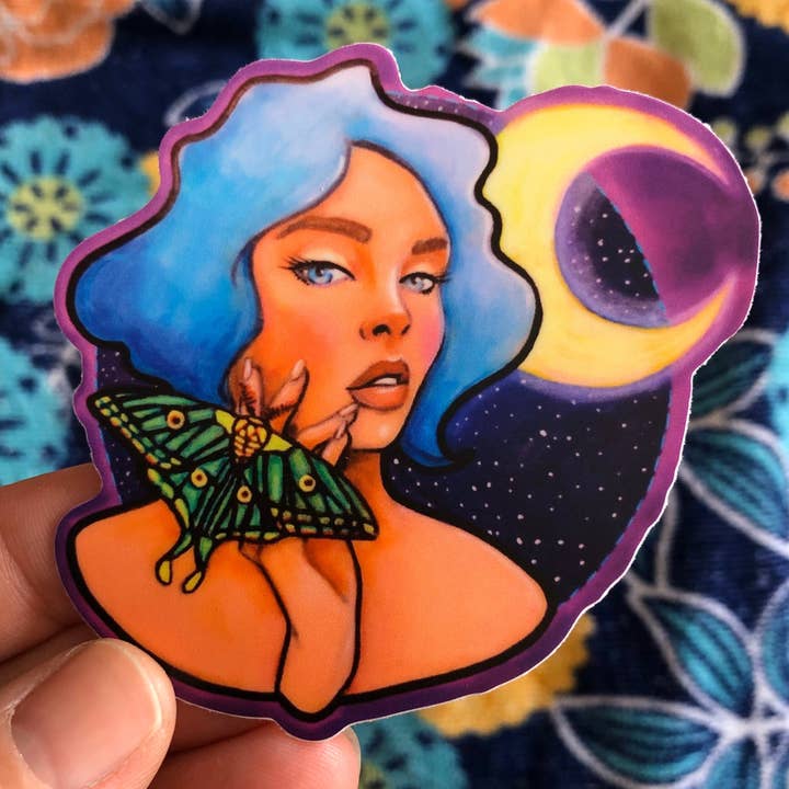 Luna green Moth Moon Goddess matte vinyl sticker by Jaymee Laws for wholesale by The Art of Jaymee Laws