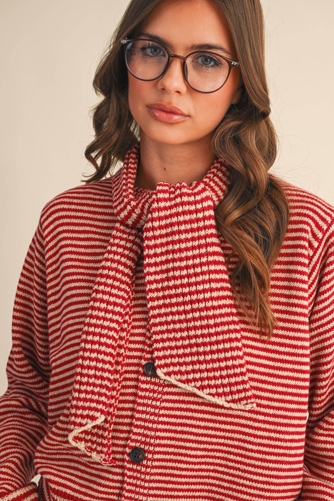 &MERCI - Wholesale Knit Sweater - Women's - STRIPED TYING NECK SWEATER CARDIGAN MSW1112515