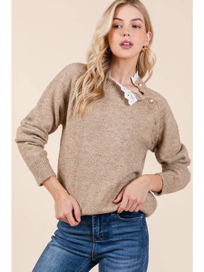 Taupe Lace Neck Knit Sweater with Button Detail (2024 FW) for wholesale on Faire