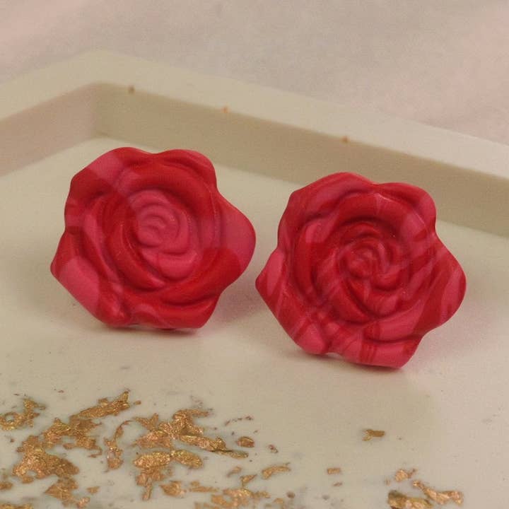 Valentine's Day Pink and Red Swirl Rose Studs for wholesale by Fox and Bunny Rise