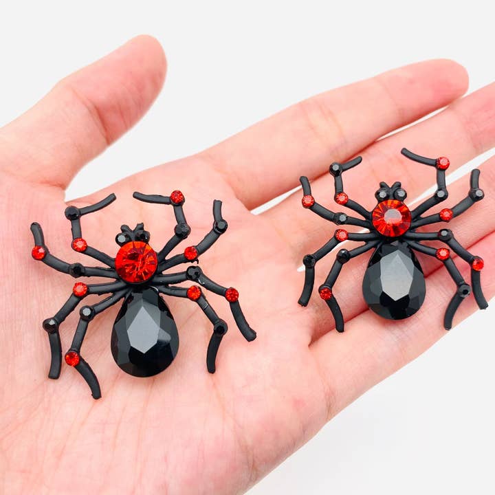 Halloween Red Glass Black Spider Post Earrings for wholesale by Mio Queena