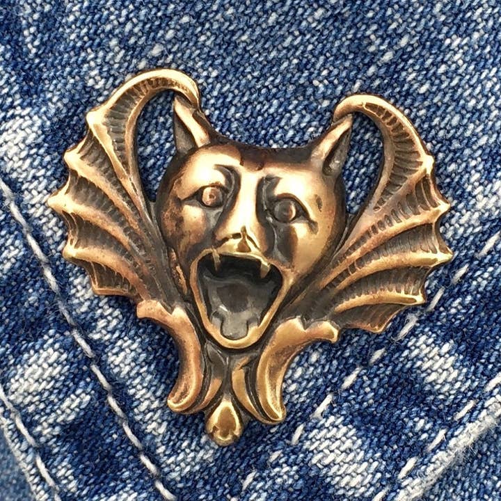 Brass Bat-Faced Gargoyle Pin or Brooch for wholesale by Metal Cloth & Wood