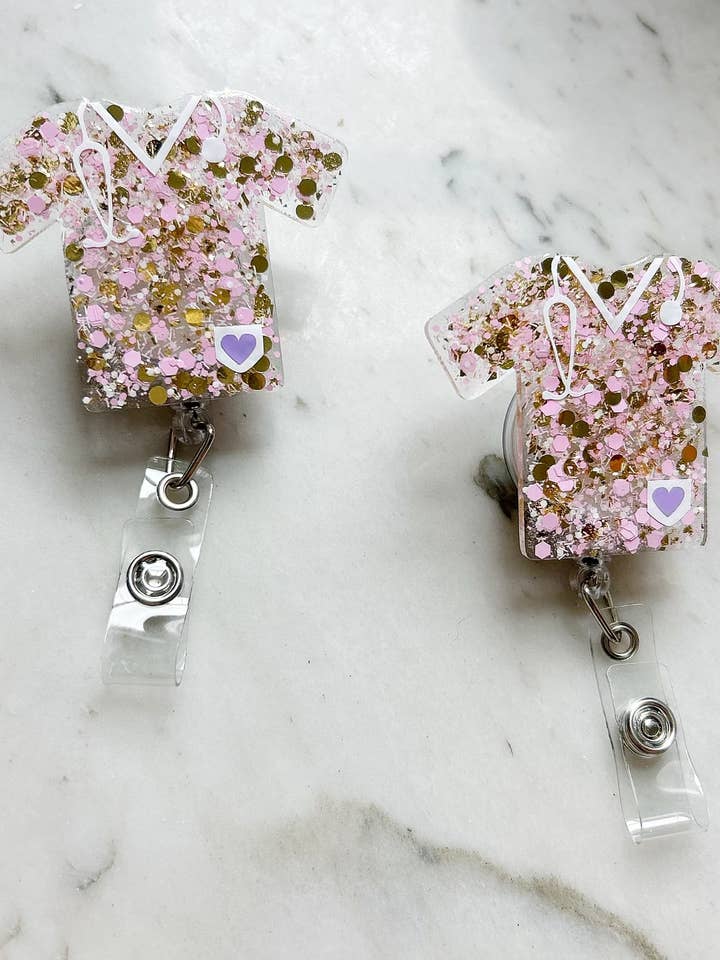 Glitter Badge Reel: Nurse Scrubs (NEW color) for wholesale by Lanyard Lovebirds