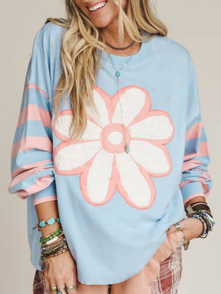 Beau Blue Big Flower Patch Drop Shoulder Striped Long Sleeve Top for wholesale by Shoppe247