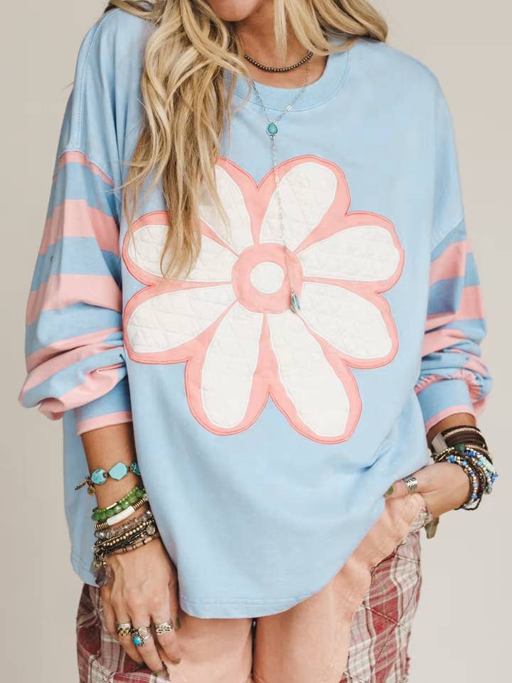 Beau Blue Big Flower Patch Drop Shoulder Randig Långärmad Topp för wholesale av Shoppe247