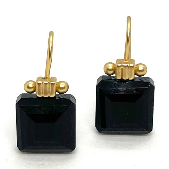 Square Black Crystal Matte Gold Column Earrings for wholesale by Deborah Grivas Designs
